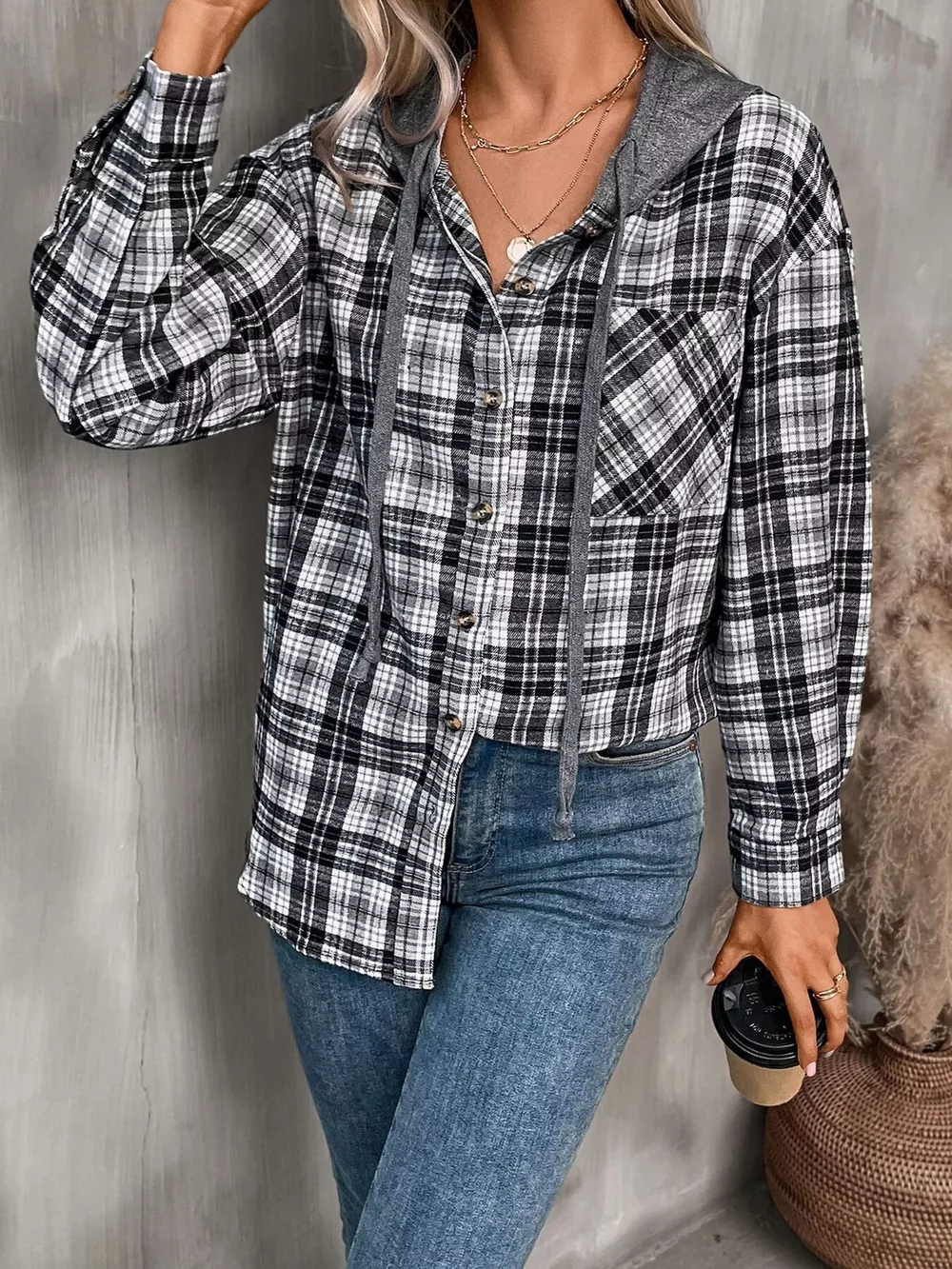 Hooded Plaid Button-Up Shirt, image 5