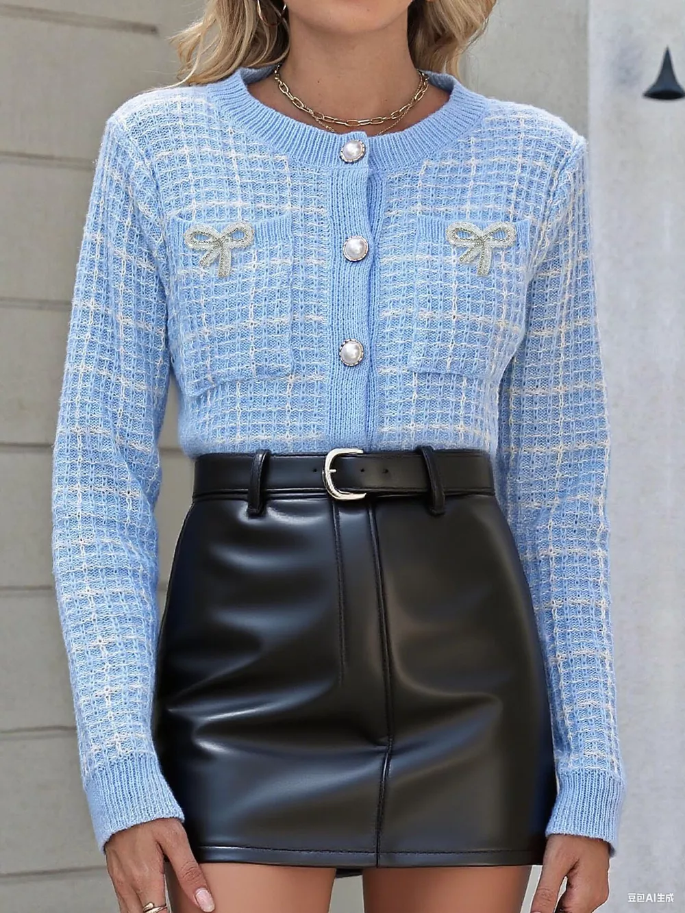 Tweed-Style Bow Button-Down Cardigan, image 7