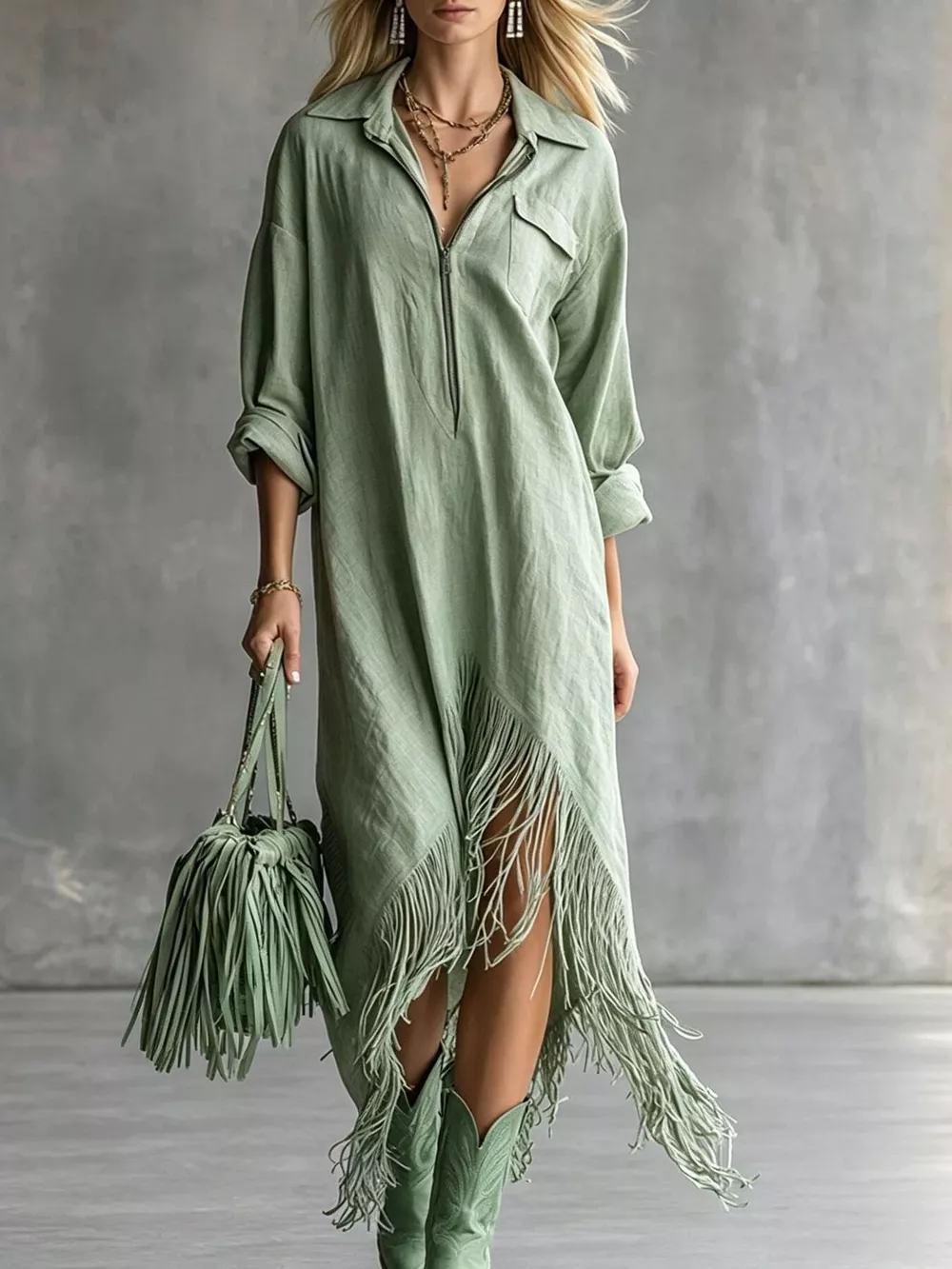 Fringe Hem Zip-Up Shirt Dress, image 3