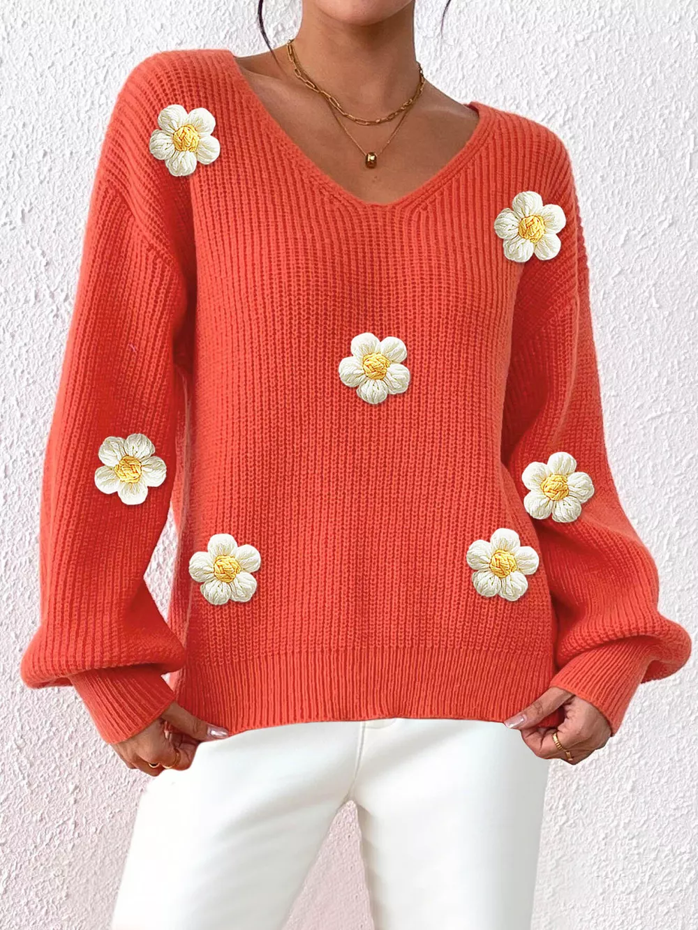 Floral Applique V-Neck Sweater, image 3