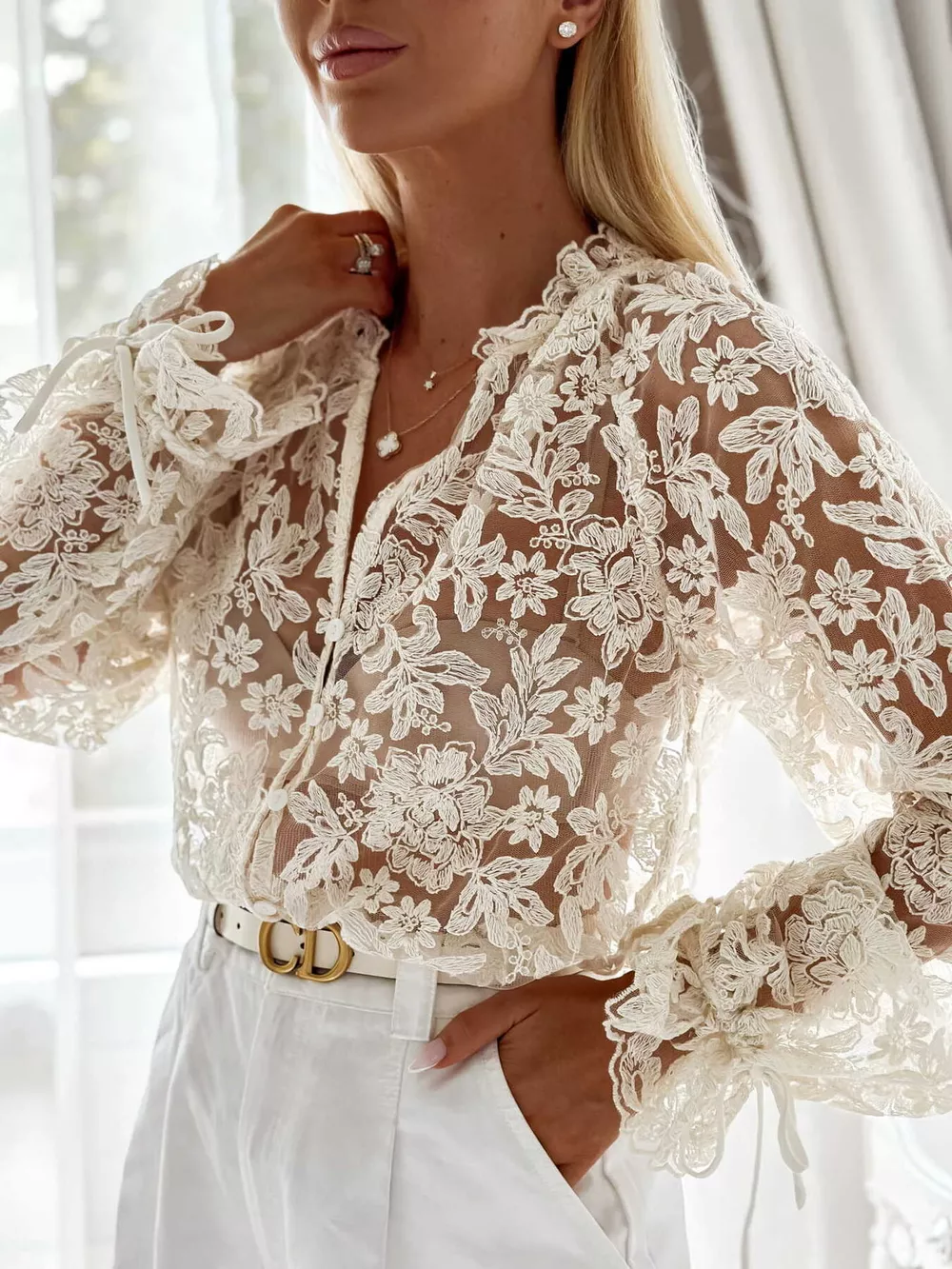 Sheer Lace Long Sleeve Shirt, image 2