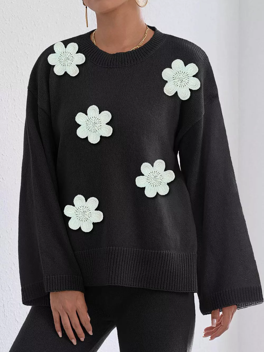 Floral Applique Crew Neck Sweater