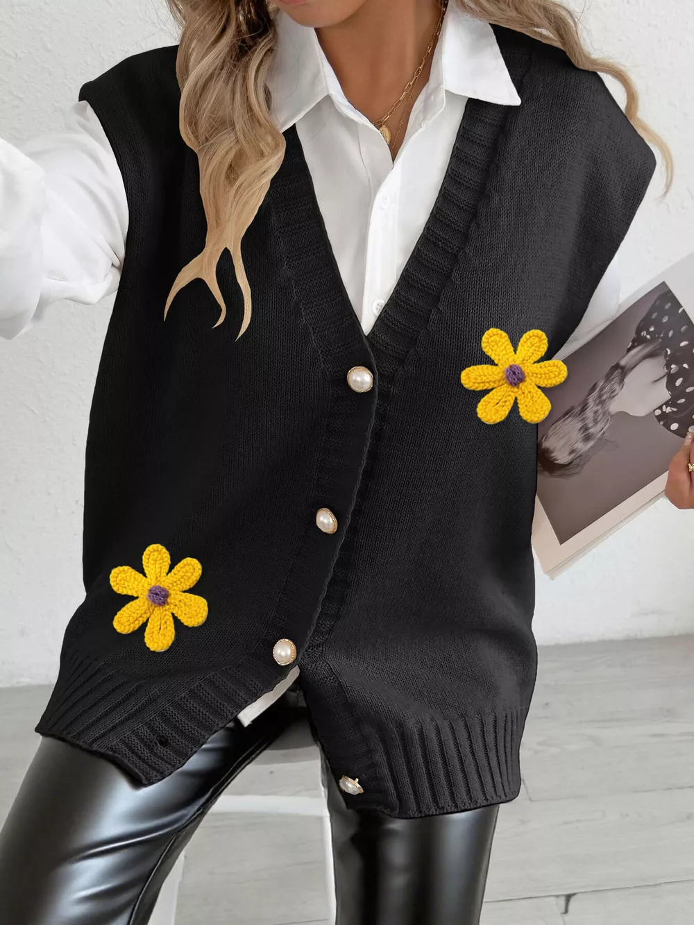 Flower V-Neck Sleeveless Cardigan, image 12
