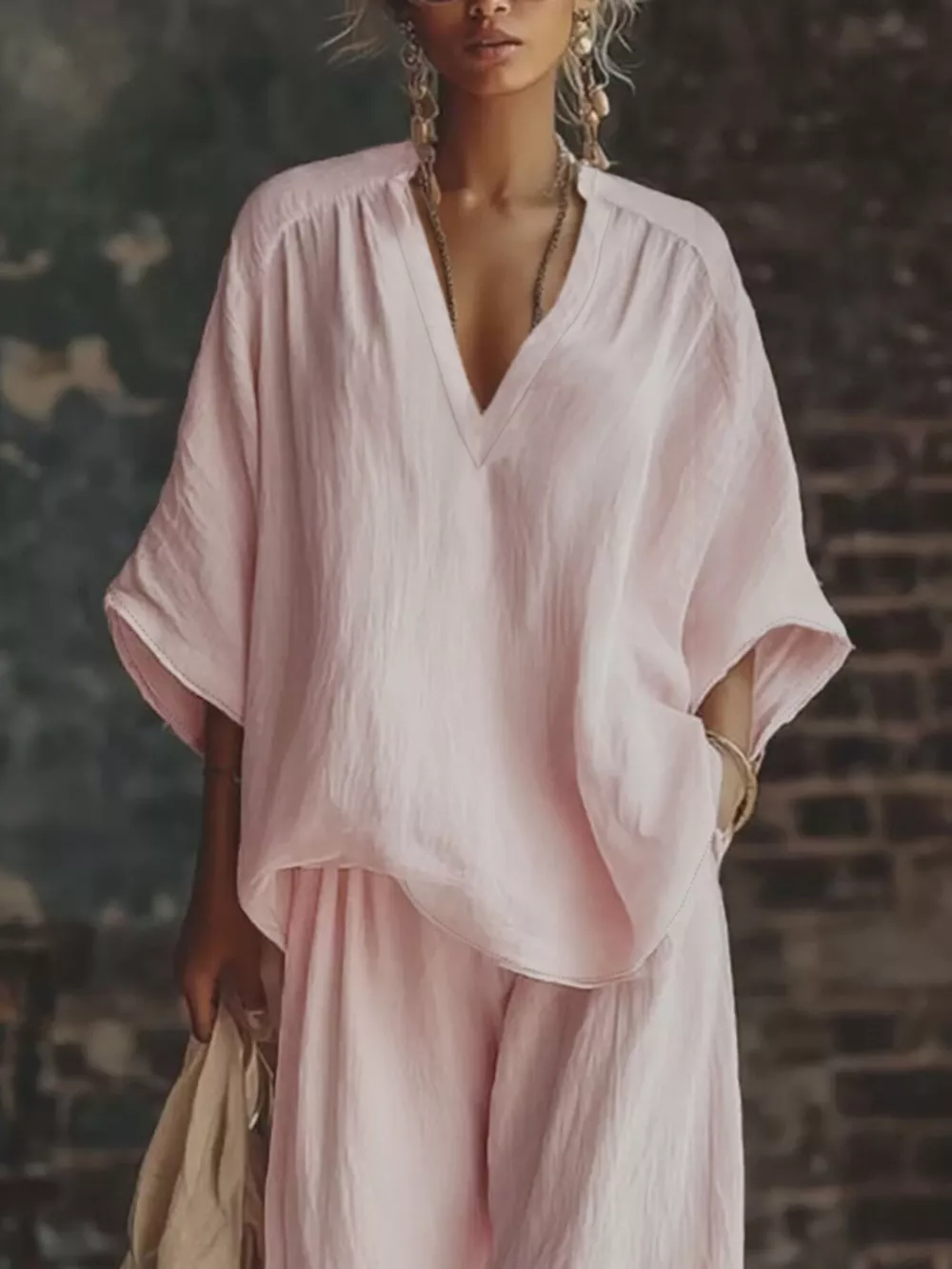 Loose Fit Notched Top and Pants Set, image 2