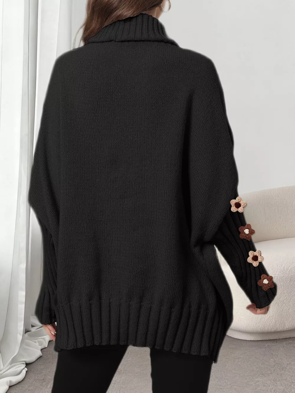 Oversized Turtleneck Sweater with Floral Applique Sleeves, image 8