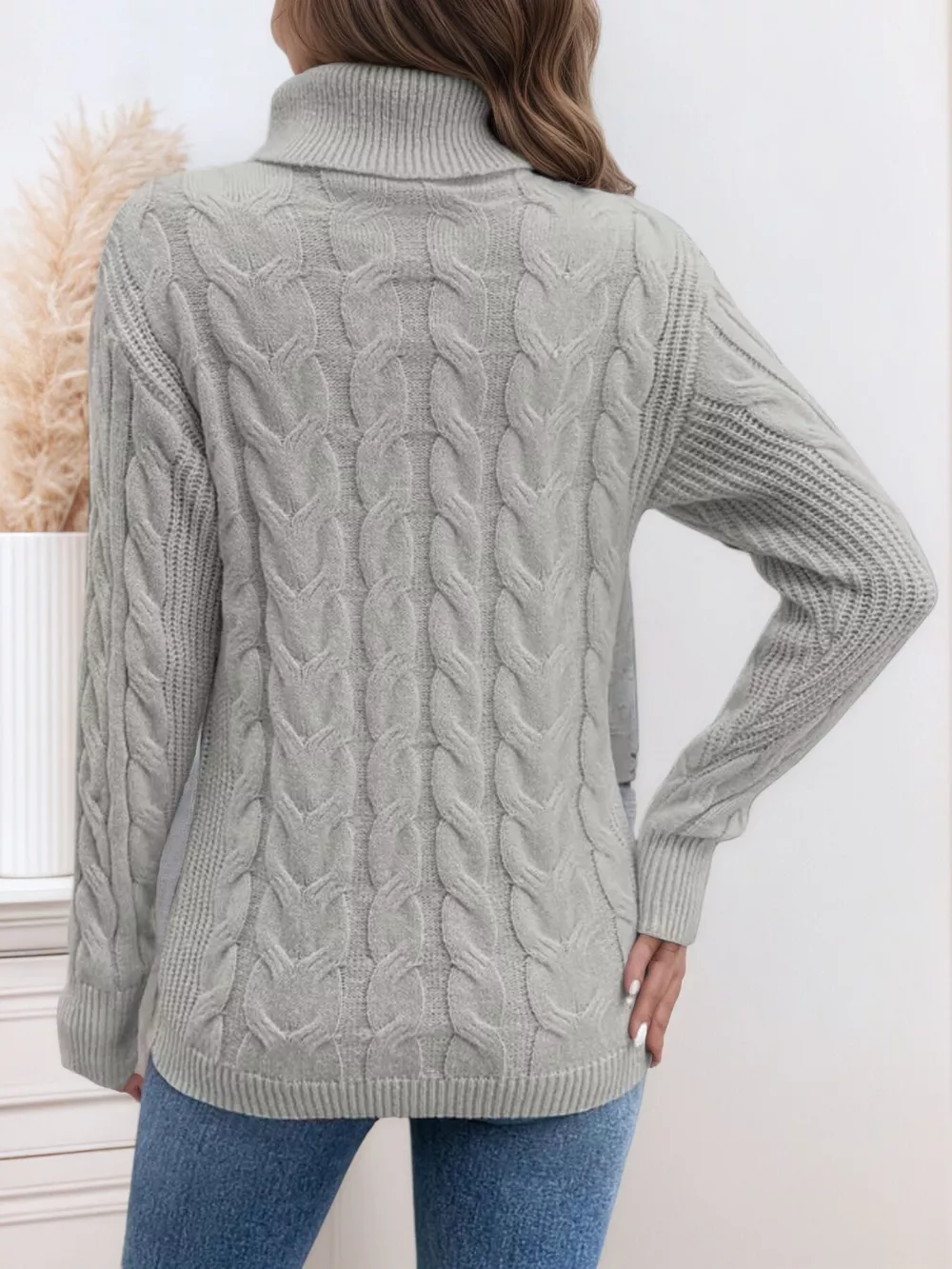 Cable Knit Turtleneck Long Sleeve Sweater, image 15