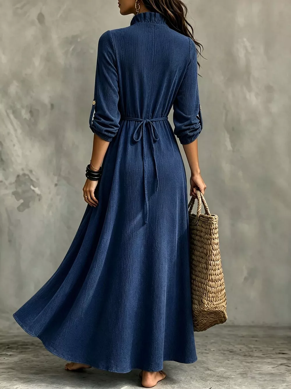 Full Size V-Neck Maxi Dress with Roll-Up Sleeves Plus Size, image 8