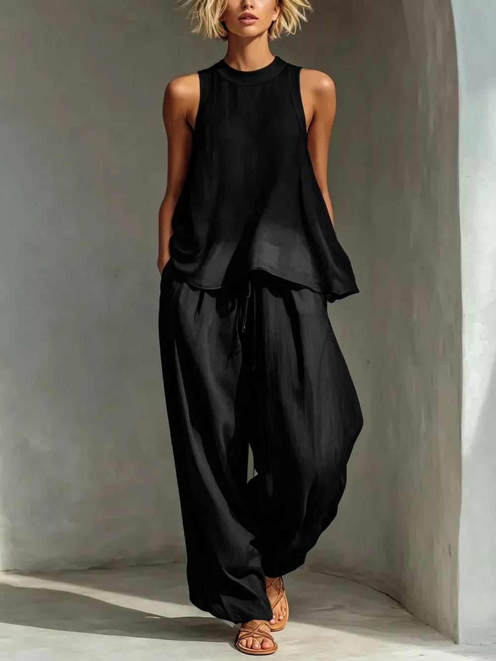 Full Size Sheer Sleeveless Top and Wide-Leg Pants Set Plus Size, image 4