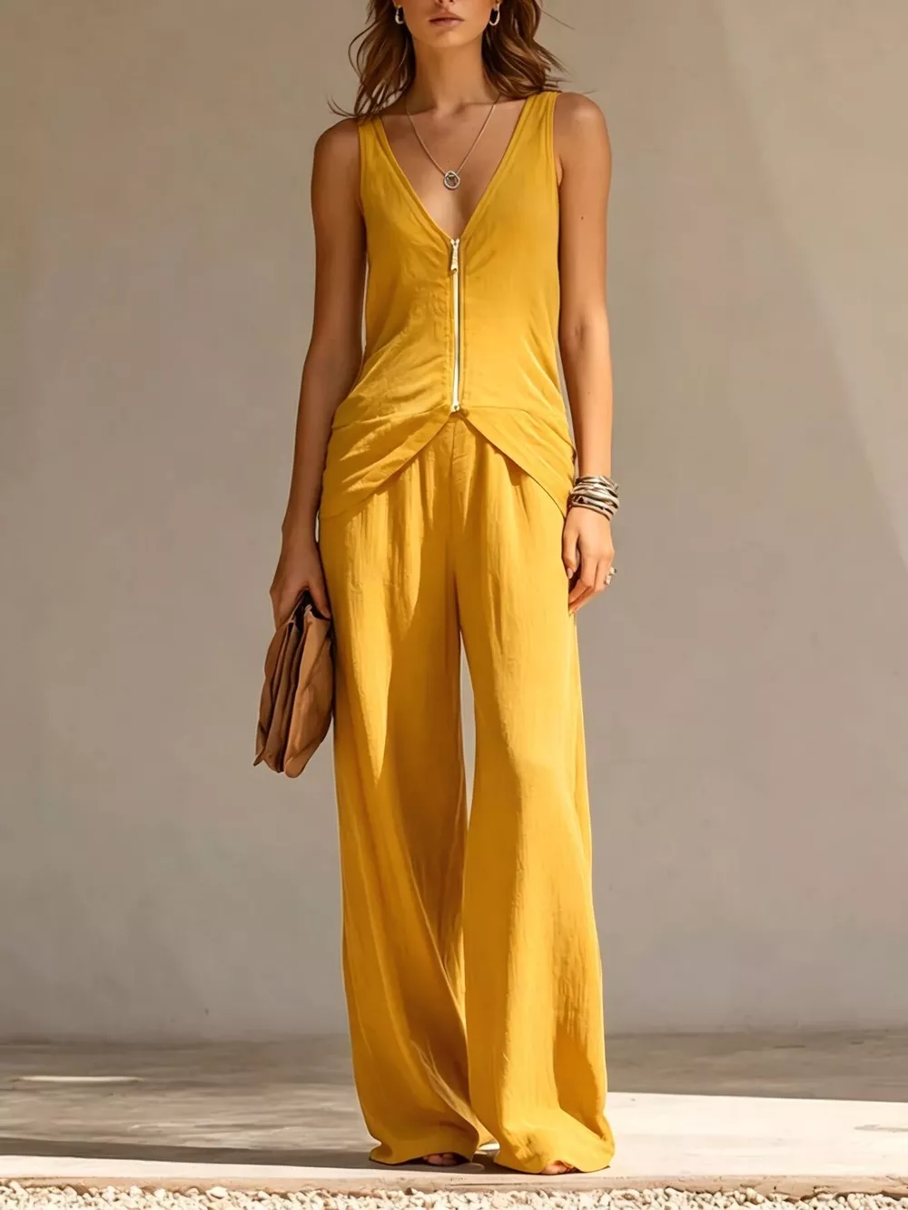 Full Size Zipper Front Tank and Wide-Leg Pants Set Plus Size, image 13