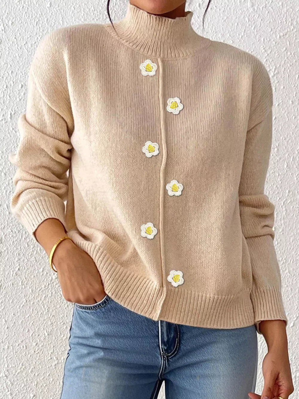 Floral Applique Turtleneck Sweater