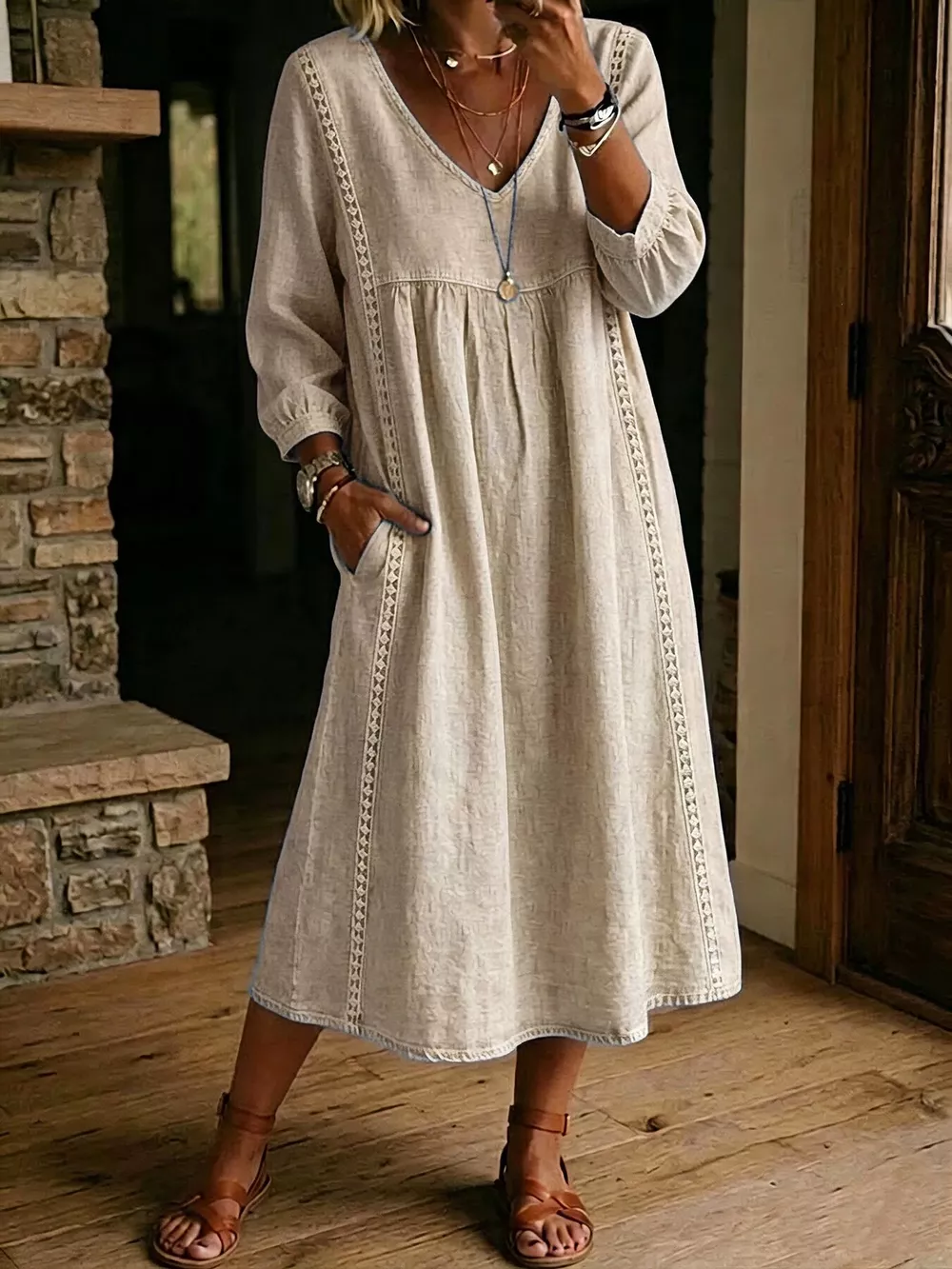 Full Size Lace Trim Long Sleeve Midi Dress Plus Size, image 5