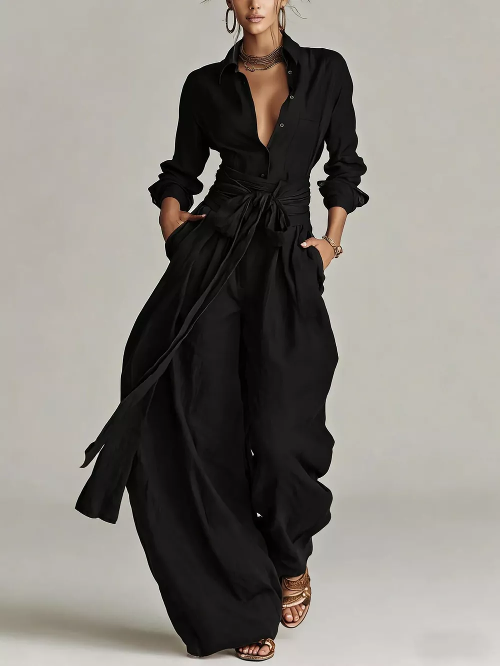Long-Sleeve Button-Down Waist-Tie Jumpsuit, image 8