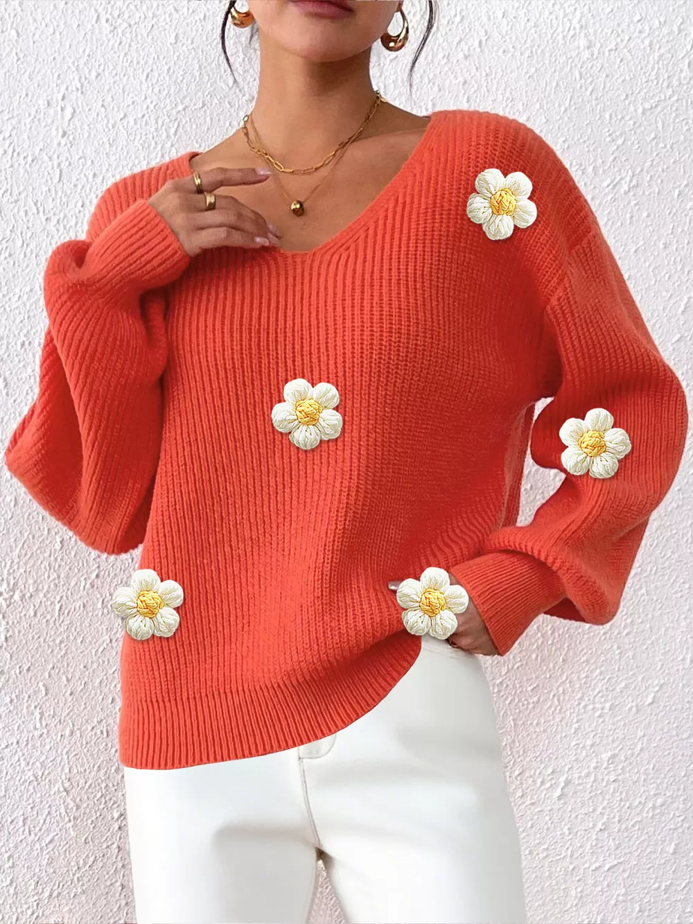 Floral Applique V-Neck Sweater, image 4