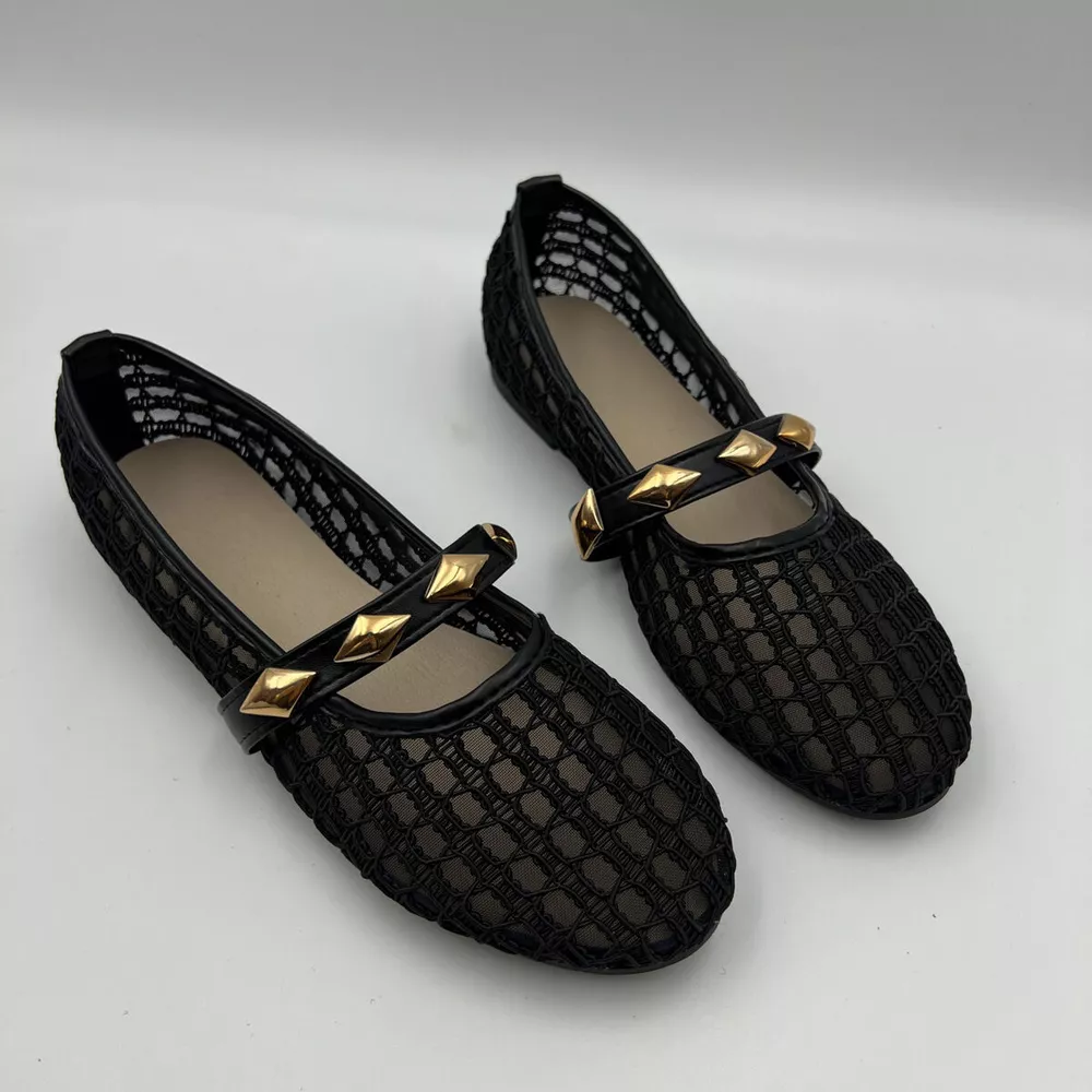 Breathable Mesh Loafers with Decorative Gold Studded Straps, image 3