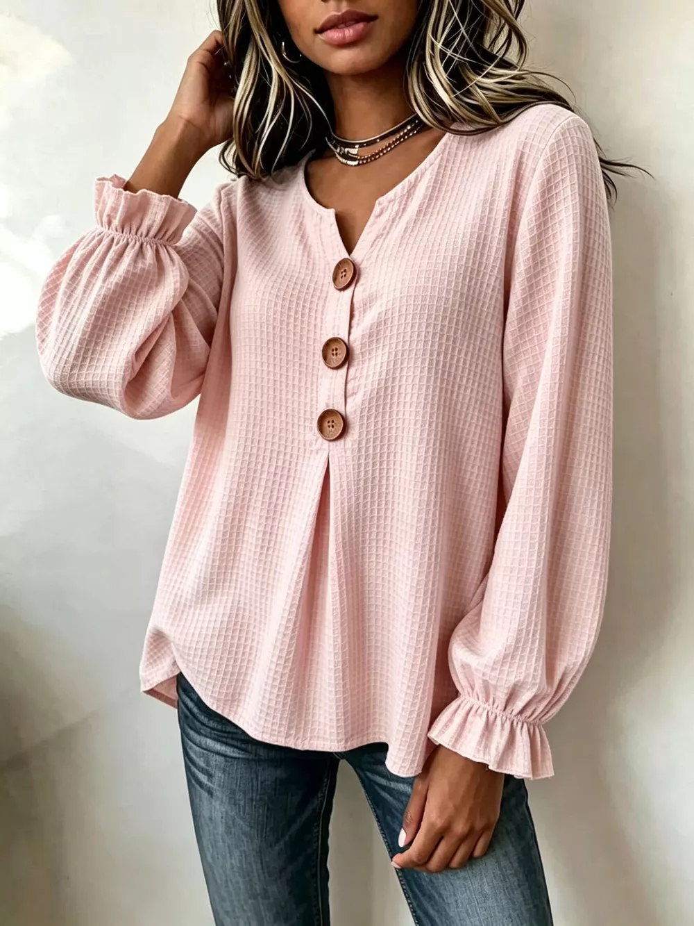 Waffle Knit Long Sleeve Top, image 2