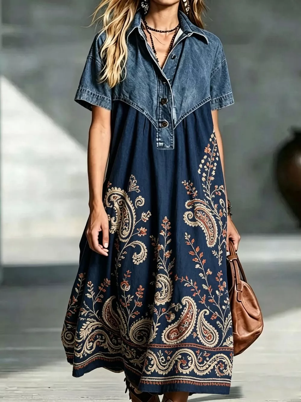 Full Size Denim Patchwork Printed Shirt Dress Plus Size, image 7
