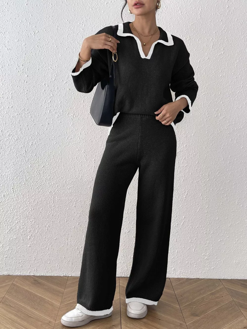 Contrast Trim Polo Collar Top and Pants Sweater Set, image 10