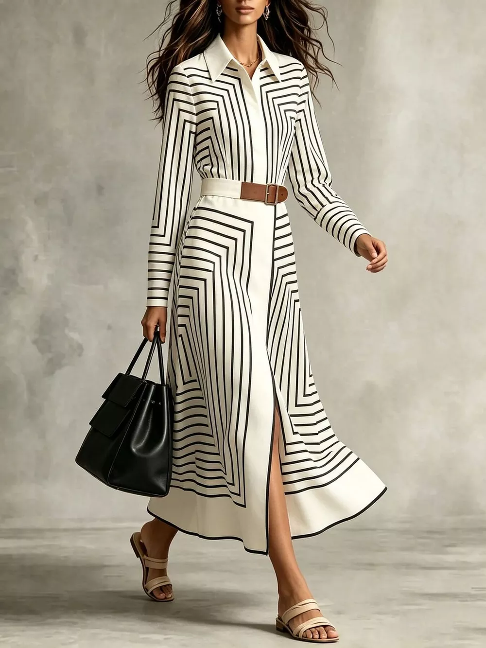 Geometric Striped Midi Shirt Dress