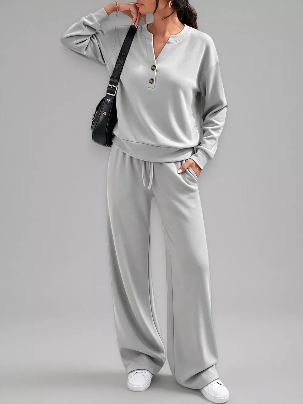 Button Detail Dropped Shoulder Top and Pants Set, image 6