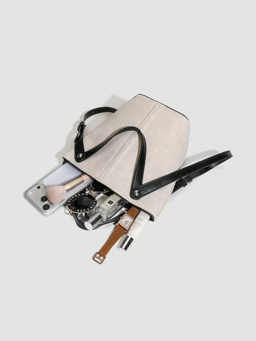Canvas Bucket Handbag with Contrast Leather Straps, image 8