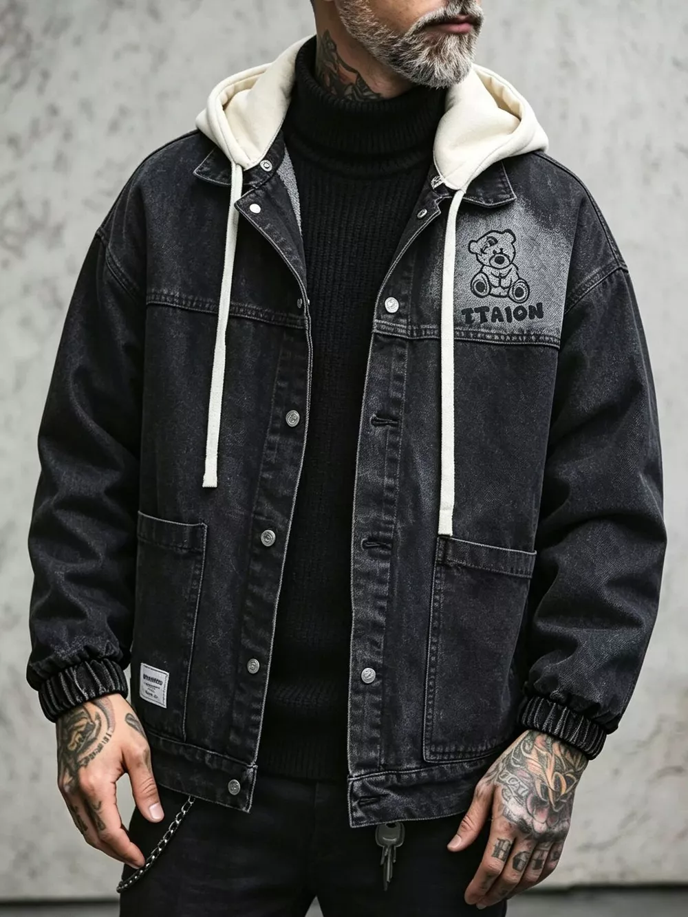 Men's Plus Size Streetwear Washed Snap Down Denim Jacket with Detachable Hood, image 2
