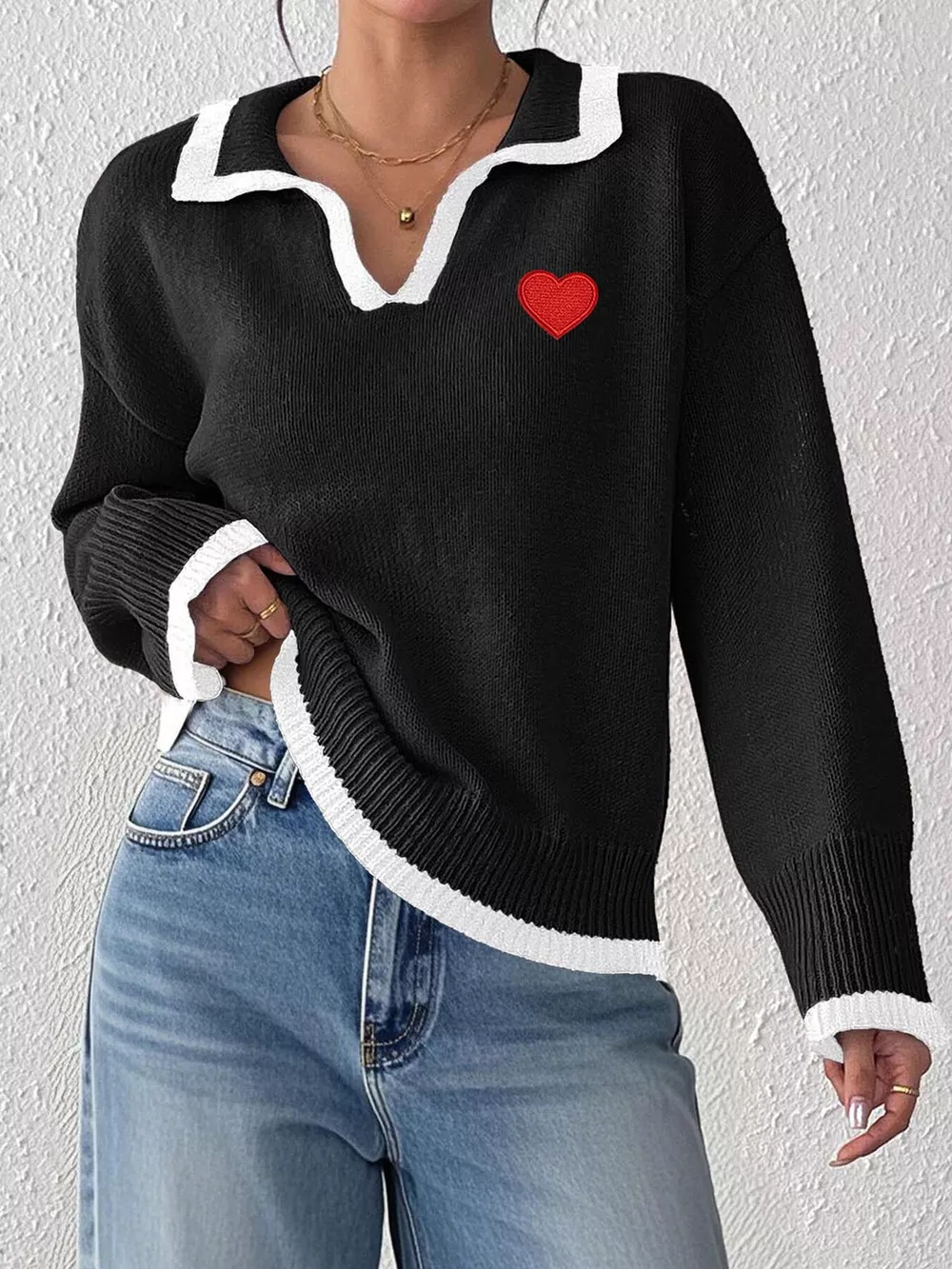 Contrast Trim Heart Embroidered Polo Collar Sweater, image 7