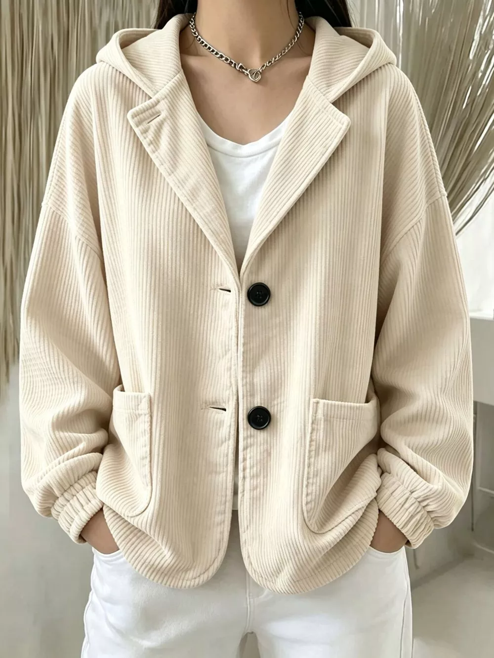 Full Size Corduroy Button Up Hooded Jacket Plus Size, image 7