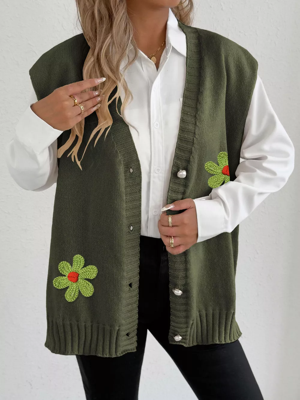 Flower V-Neck Sleeveless Cardigan, image 10