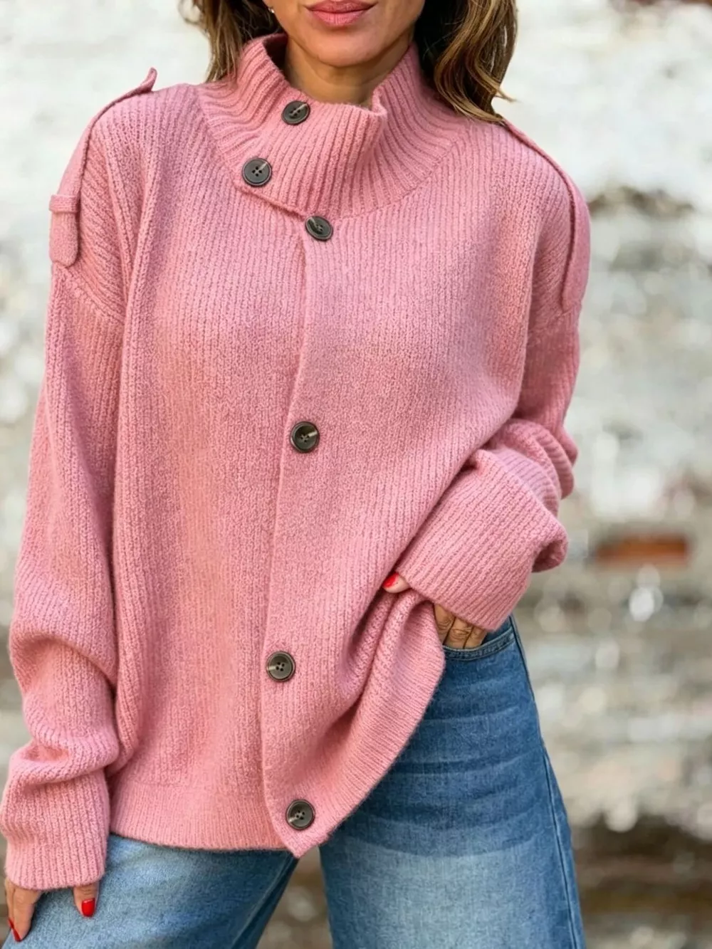 Full Size Button-Up Mock Neck Cardigan Plus Size, image 2