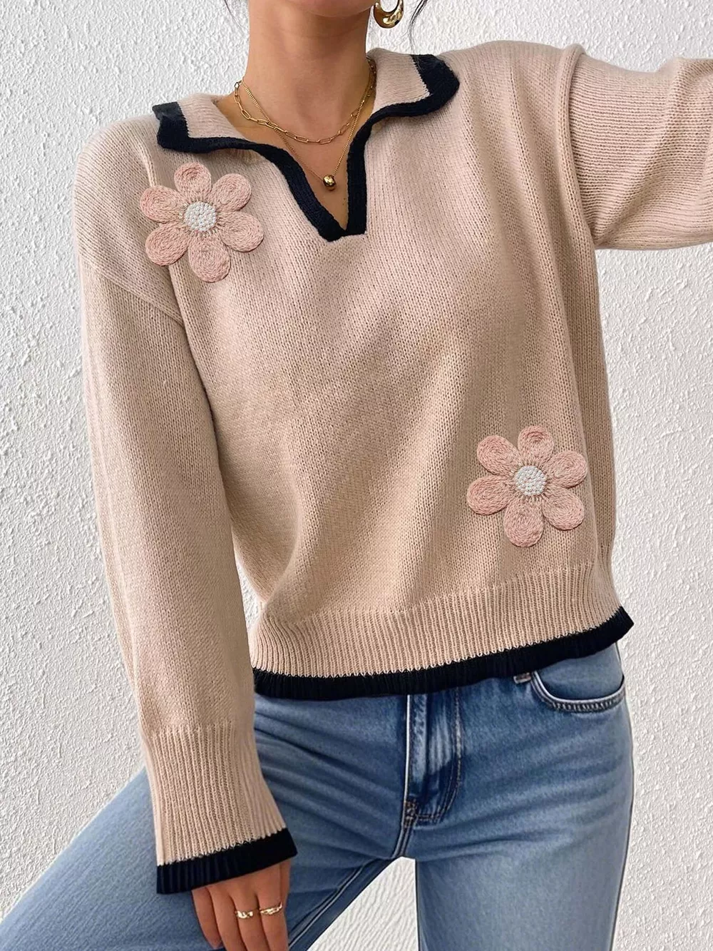 Flower Contrast Trim Dropped Shoulder Sweater, image 6