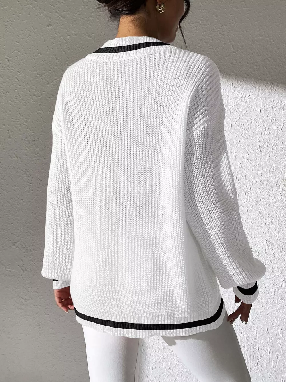 V-Neck Contrast Trim Sweater with Pearl Decor, image 12