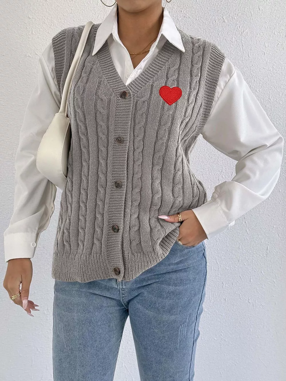 V-Neck Cable Knit Button-Down Sweater Vest with Heart Embroidery, image 15