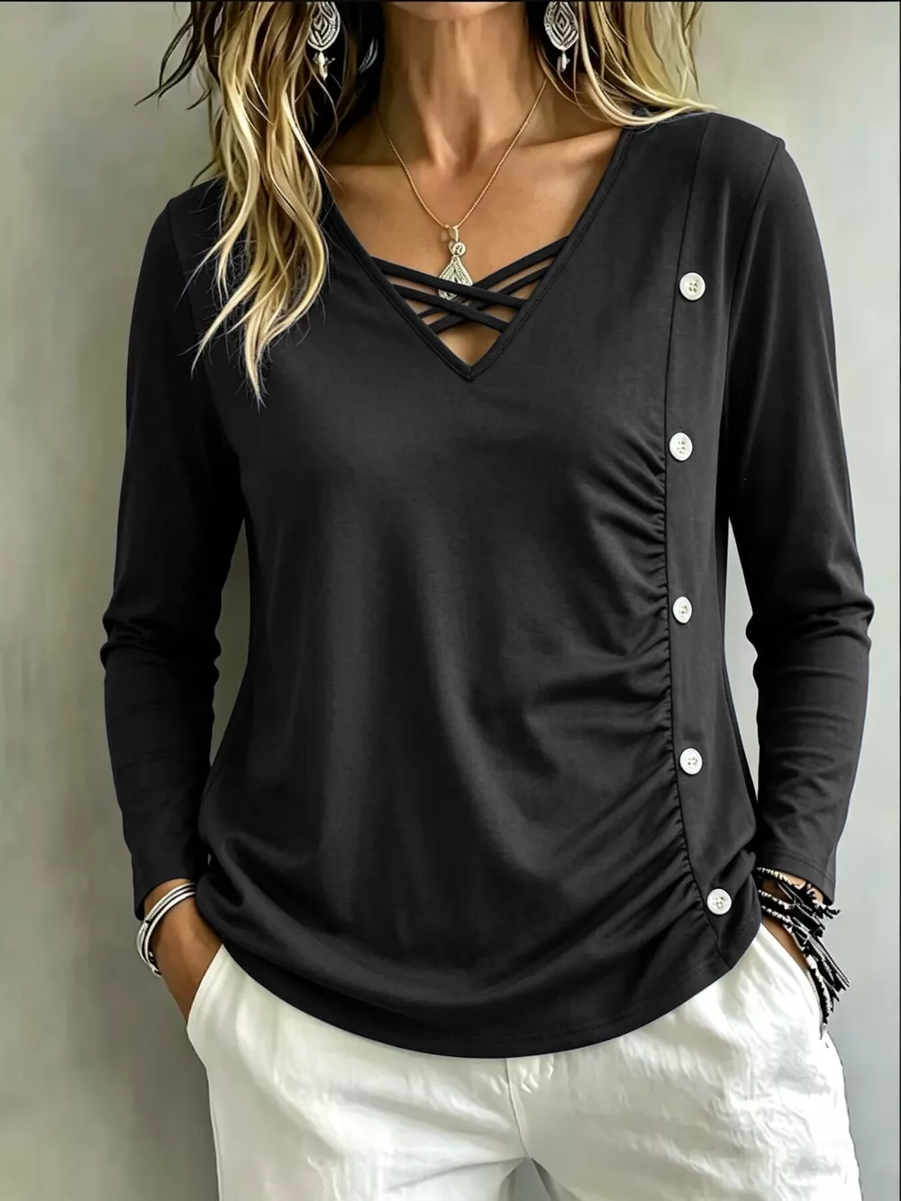 Plus Size Decorative Button Criss-Cross Long Sleeve Top, image 2