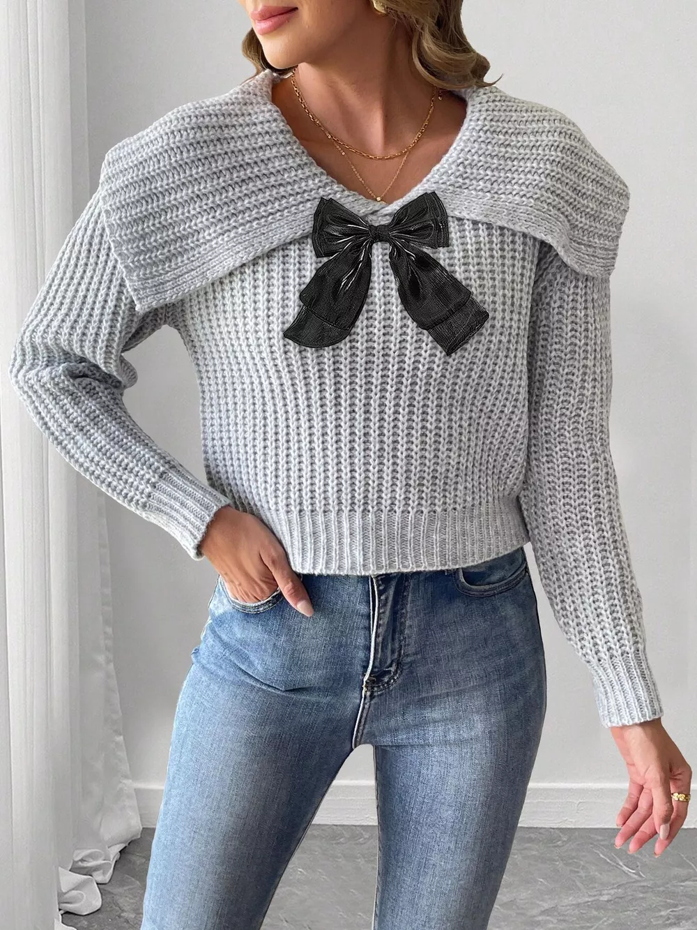 Contrast Bow Long Sleeve Sweater, image 9