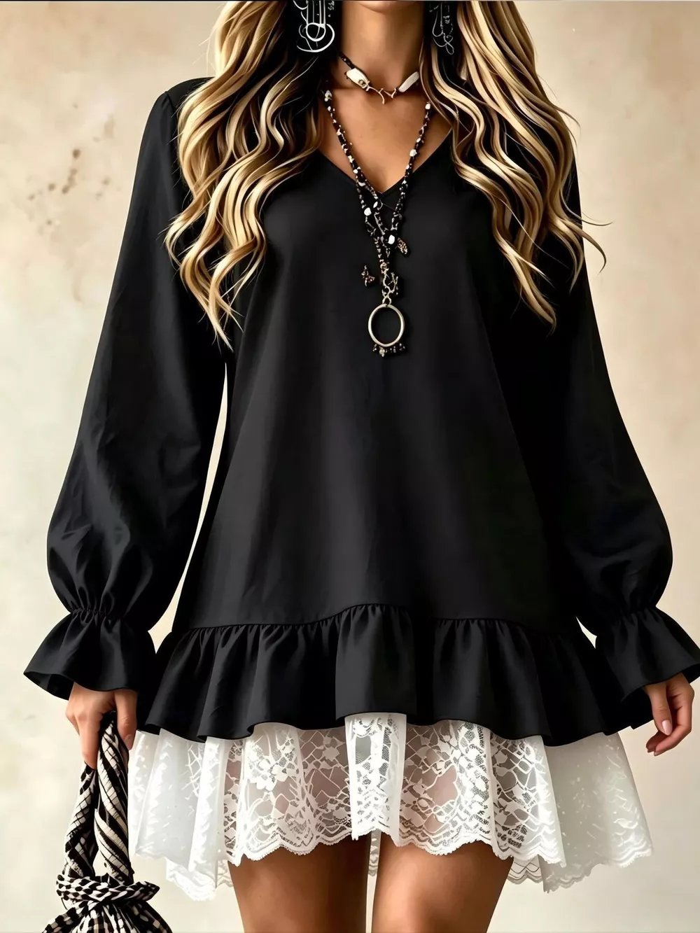 V-Neck Long Sleeve Ruffle Hem Lace Detail Dress