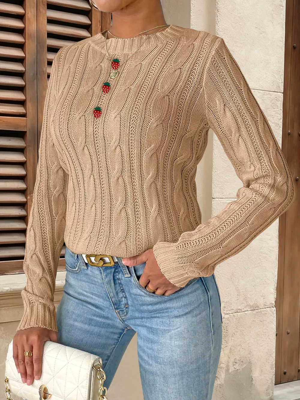 Strawberry Embellished Cable Knit Round Neck Sweater, image 10