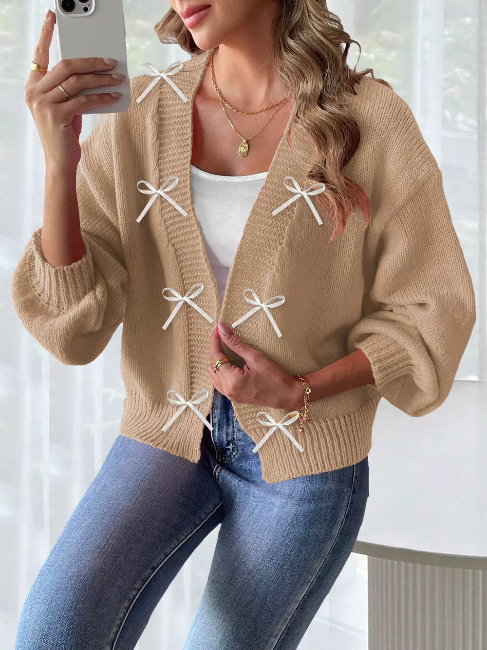 Bow-Tie Open Front Knit Cardigan, image 11