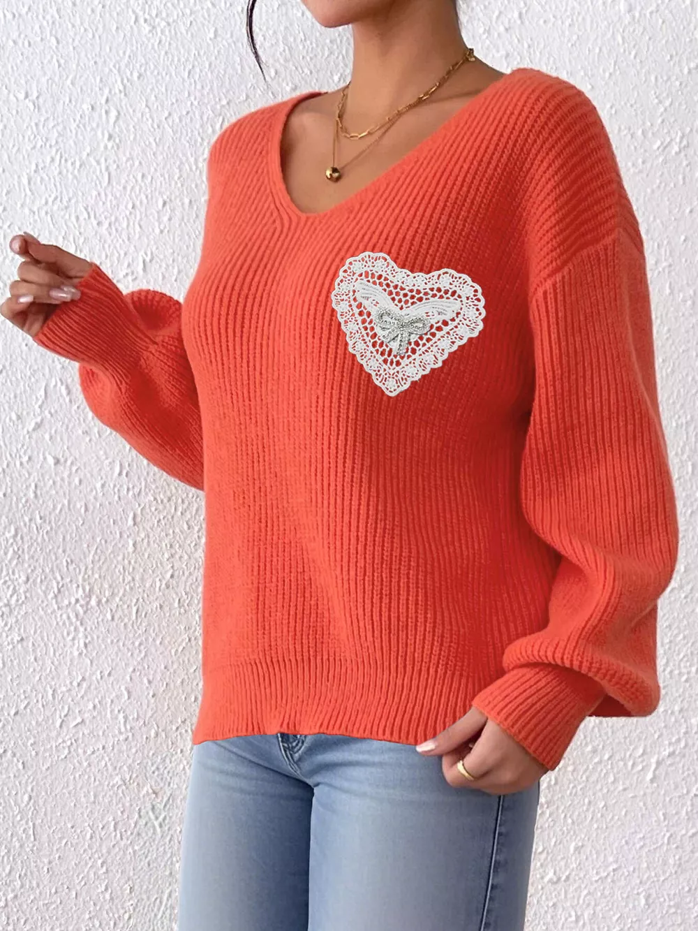 Lace Heart Dropped Shoulder Sweater, image 3