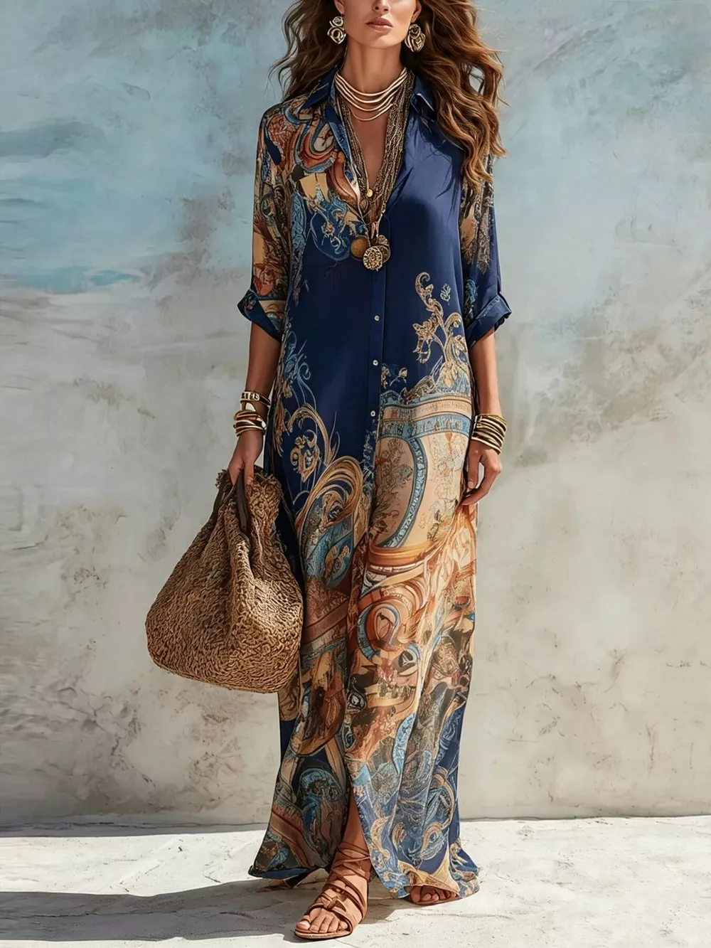 Full Size Printed Button-Down Maxi Shirt Dress Plus Size, image 8