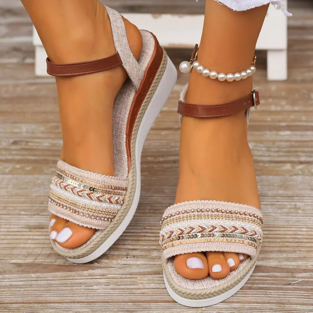 Rhinestone Open Toe Wedge Sandals