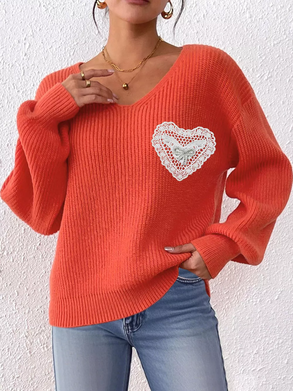 Lace Heart Dropped Shoulder Sweater, image 2