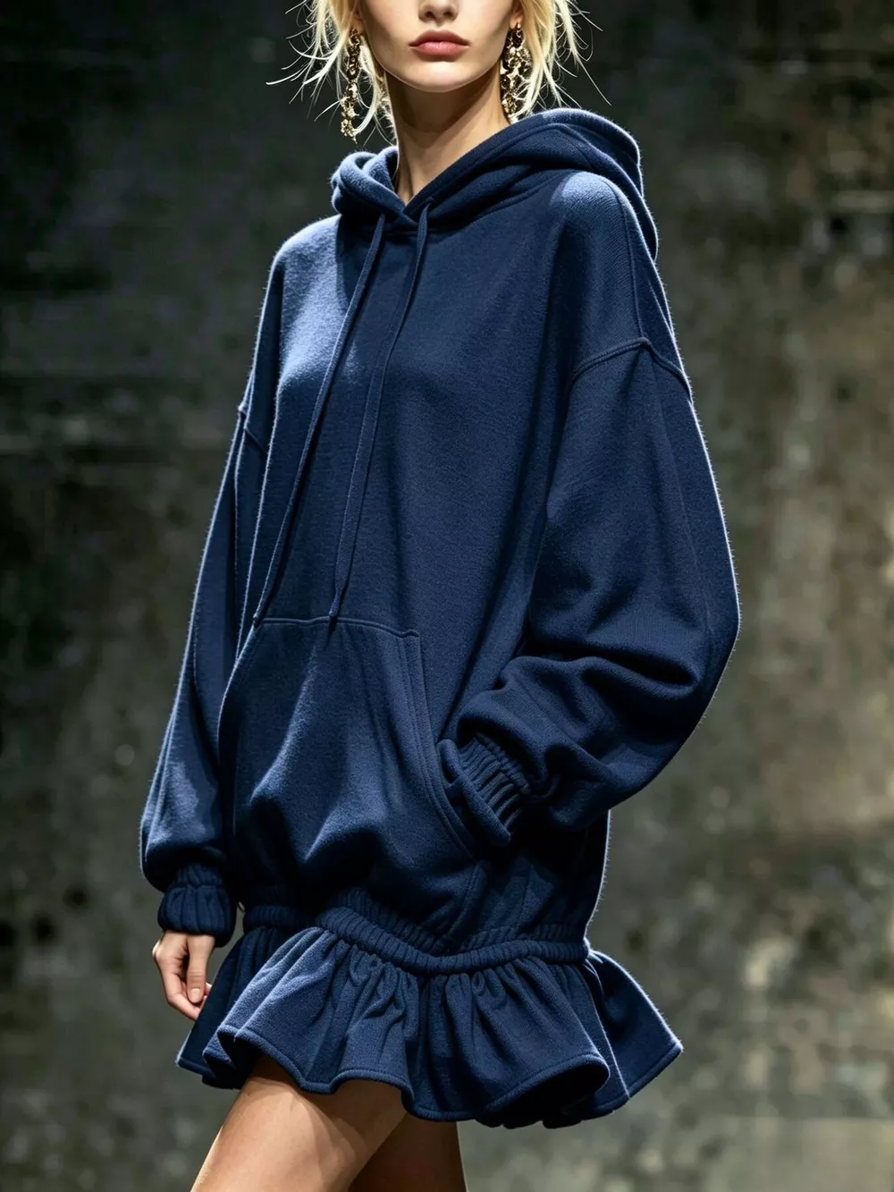 Hoodie Sweatshirt Mini Dress with Ruffled Hem, image 2