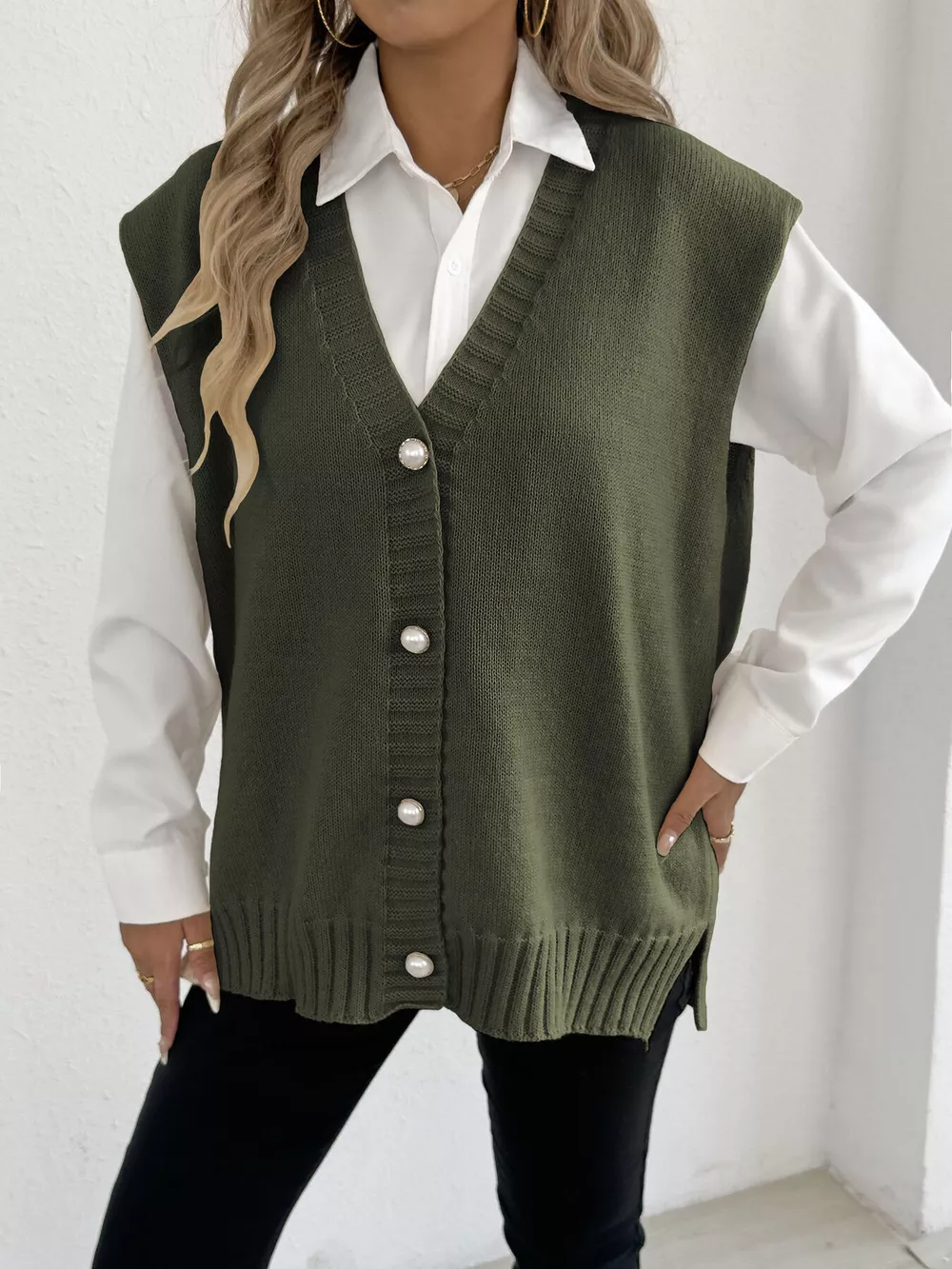 V-Neck Button-Front Knit Sweater Vest, image 11