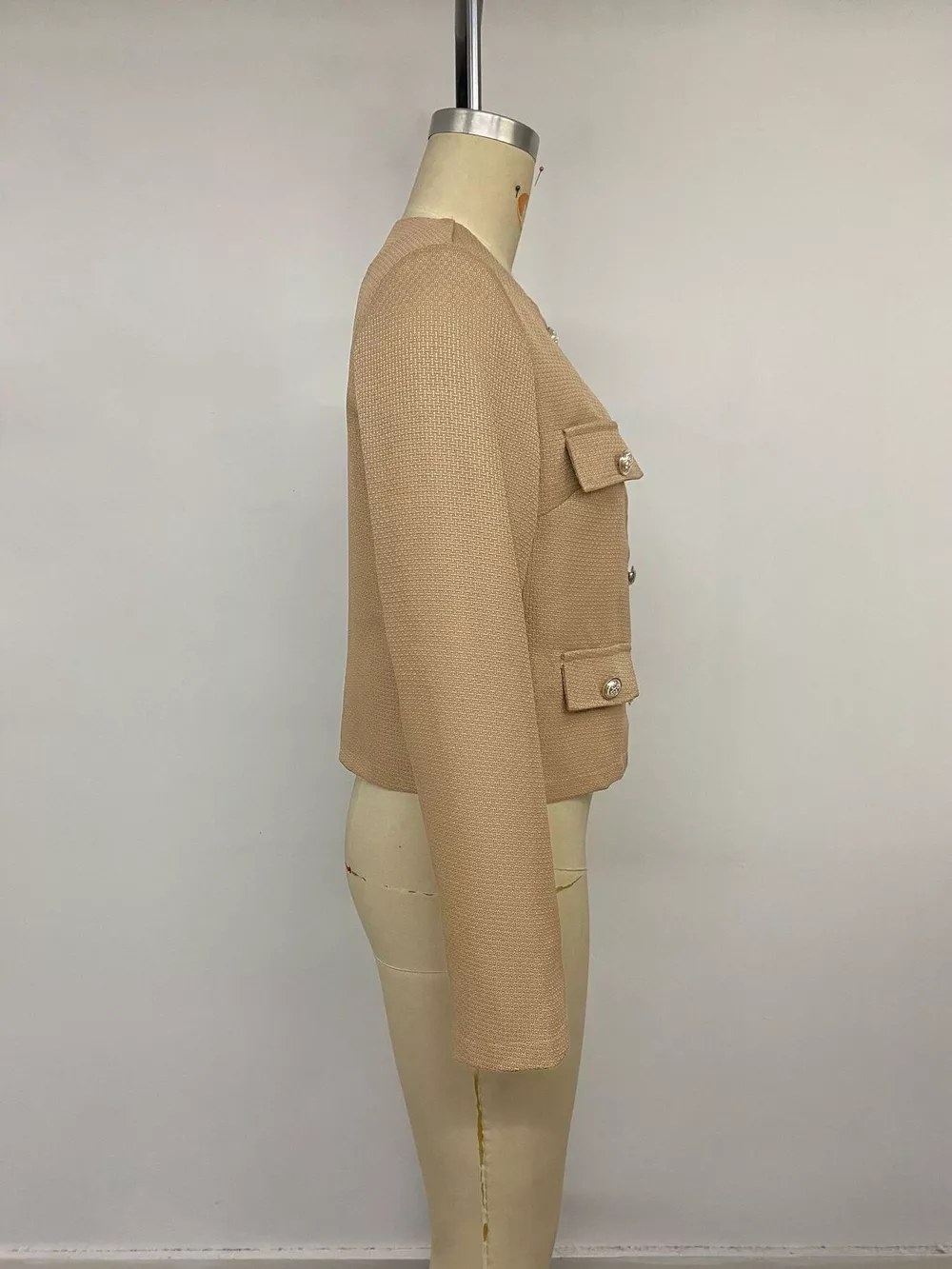 Textured Cropped Jacket with Gold-Tone Button, image 15