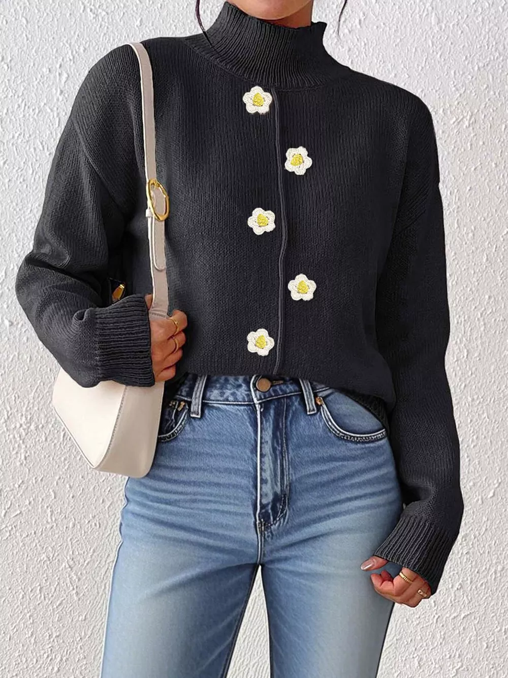 Floral Applique Turtleneck Sweater, image 8