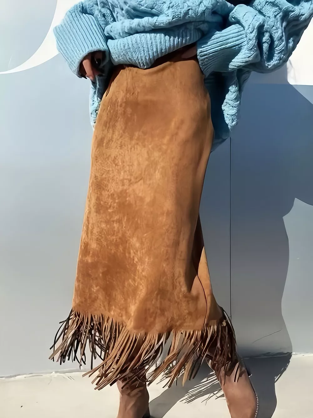 High-Waisted Suede Fringe Midi Skirt, image 2
