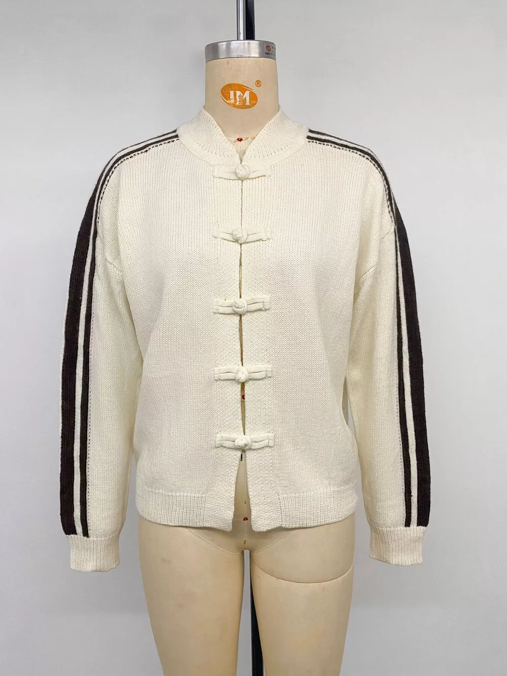 Chinese Knot Button Cardigan with Contrast Side Stripes, image 12