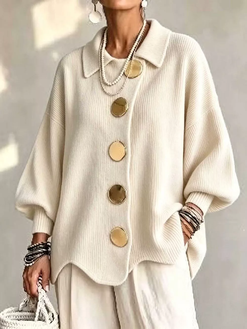 Full Size Ribbed Knit Gold Buttons Cardigan Plus Size, image 22