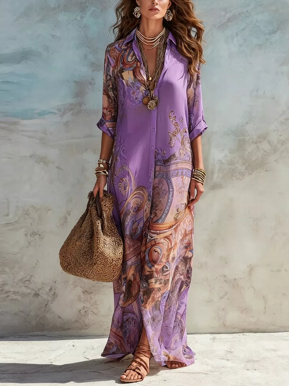 Full Size Printed Button-Down Maxi Shirt Dress Plus Size, image 10