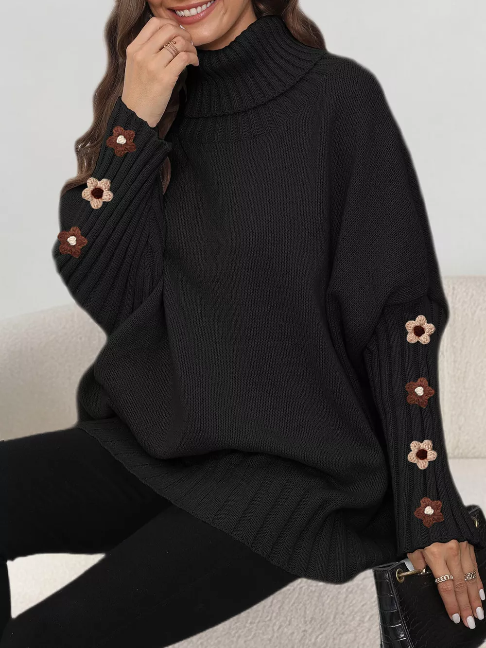 Oversized Turtleneck Sweater with Floral Applique Sleeves, image 6